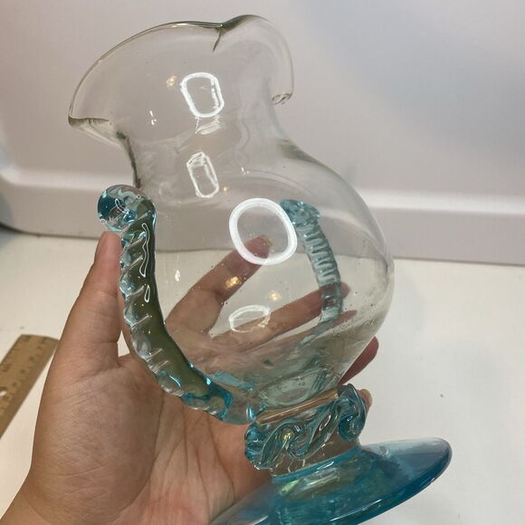 Vintage Hand blown Aqua Blue Glass Pedestal Vase With Applied Waves Handles - Picture 3 of 8